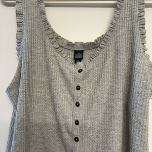 Gray Waffle Knit Tank Top with Button Detail